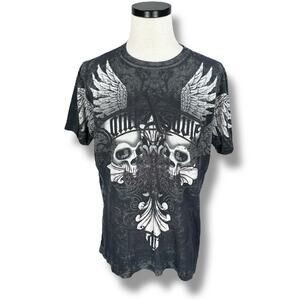 AXR Xzavier Saint Xavier T-Shirt Mens Large Gray Skull & Wings Cotton Y2K Tattoo